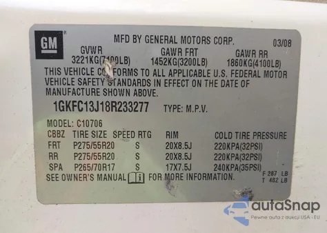 2008 GMC Yukon Slt из США, поврежденный, VIN 1GKFC13J18R233277